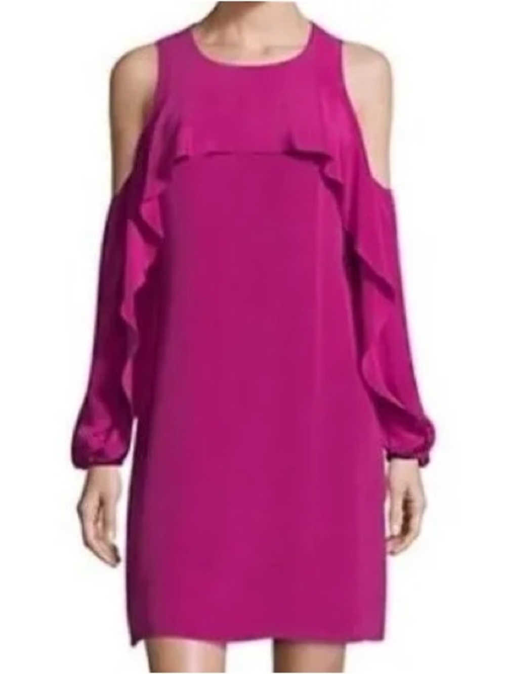 Kobi Halperin Leyton Silk Dress with Cold Shoulder in Fuchsia. Size Medium.